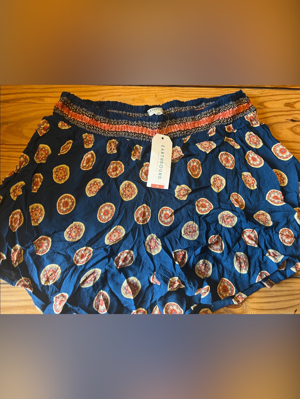 EARTHBOUND Navy Blue Medallion Print Smocked Waist shorts